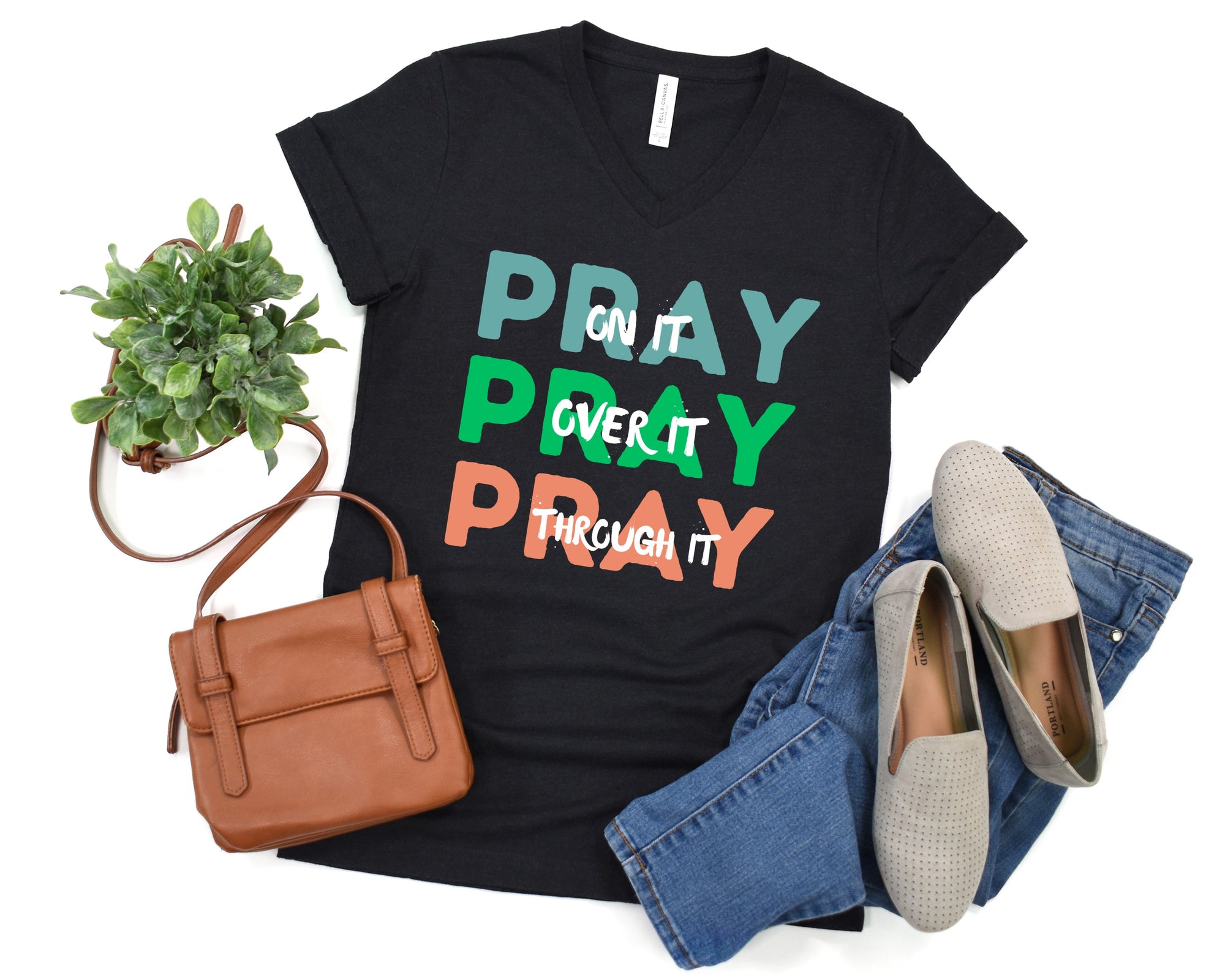 Pray On it Pray Over it Pray Through It V-Neck Shirt