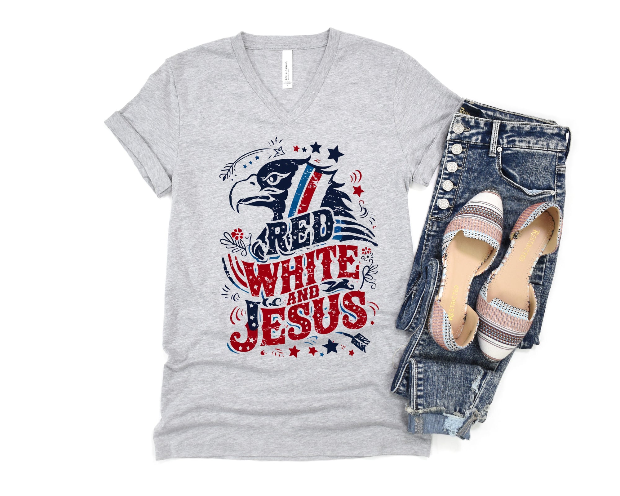 V-Neck Tee Red White and Jesus Independence Day Shirt