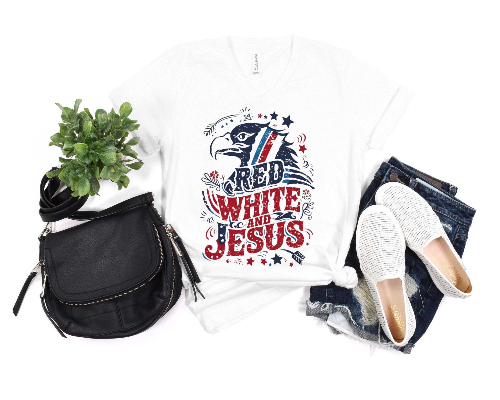 V-Neck Tee Red White and Jesus Independence Day Shirt